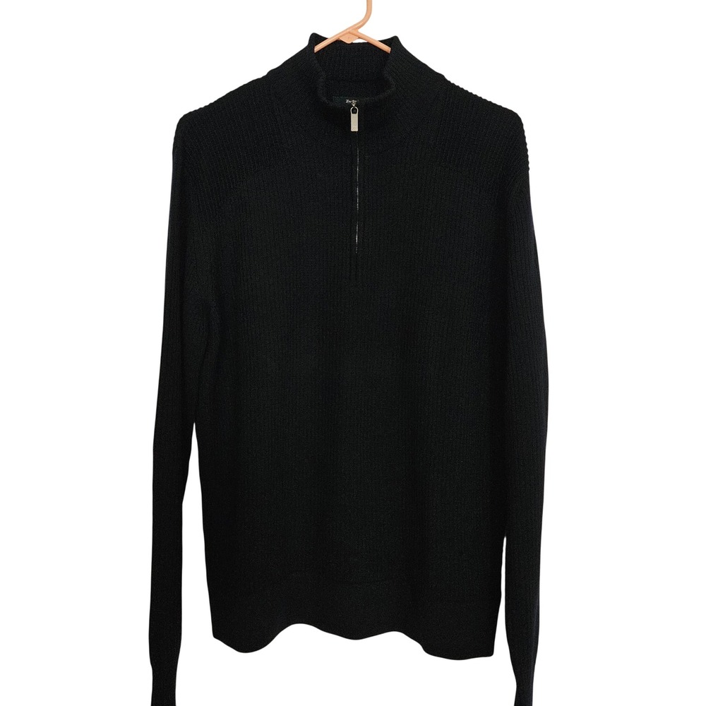 Zegna Sport Mens Black Ribbed Knit Quarter Zip 100% Wool Sweater Black